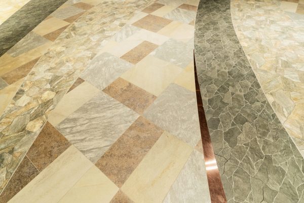 Many kinds of stone flooring in shopping mall. Close-up of interior material for design decoration background